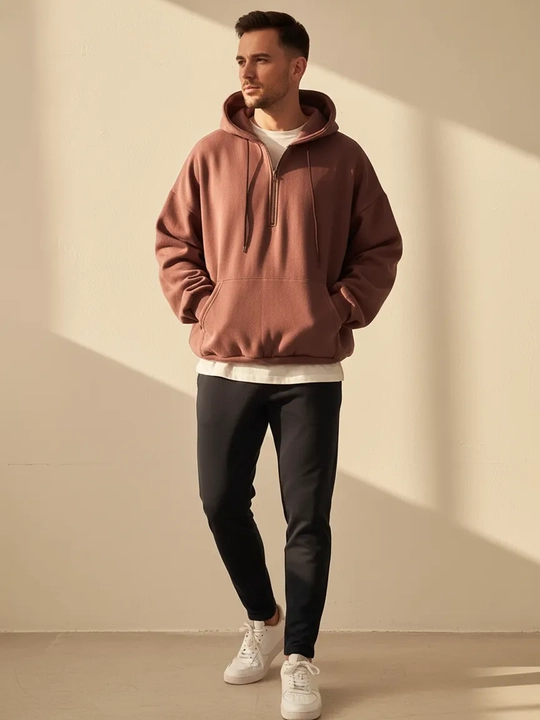 Xudi oversize, erkaklar uchun yarim zamok, kapyushonli tolstovka, paxta 70% poliester 30%