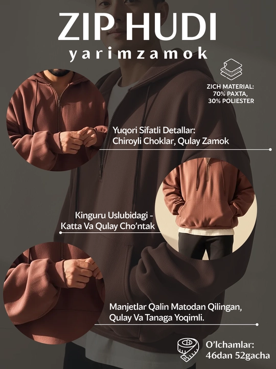 Xudi oversize, erkaklar uchun yarim zamok, kapyushonli tolstovka, paxta 70% poliester 30%