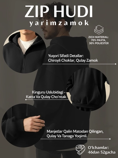 Xudi oversize, erkaklar uchun yarim zamok, kapyushonli tolstovka, paxta 70% poliester 30%
