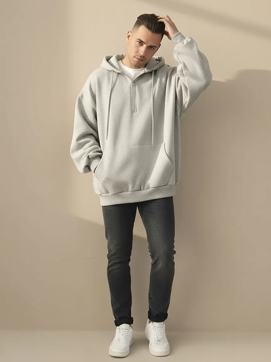 Xudi oversize, erkaklar uchun yarim zamok, kapyushonli tolstovka, paxta 70% poliester 30%