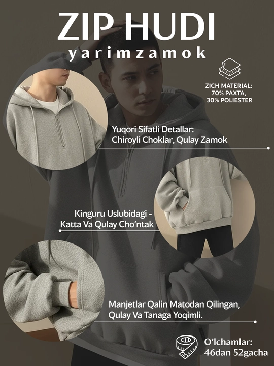 Xudi oversize, erkaklar uchun yarim zamok, kapyushonli tolstovka, paxta 70% poliester 30%