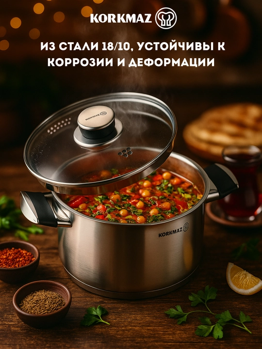 Кастрюля с крышкой нержавейка KORKMAZ PERLA 1,6 л / 3 л / 4,5 л / 7,2 л