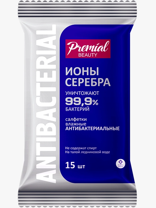 Антибактериальные влажные салфетки PREMIAL, серебряная защита, 15 шт - 