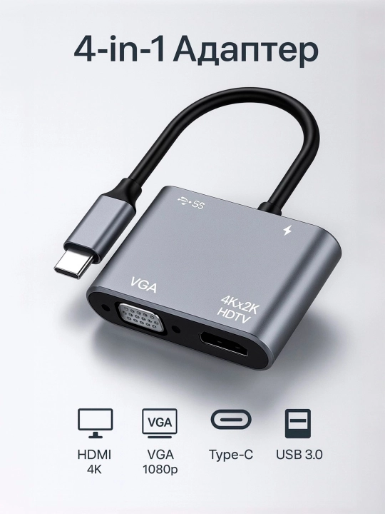 4 в 1 адаптер (HDMI 4K, VGA 1080p, USB 3.0, Type-C) - 