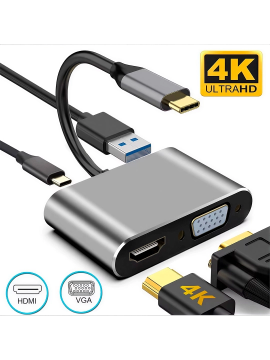 4 в 1 адаптер (HDMI 4K, VGA 1080p, USB 3.0, Type-C)