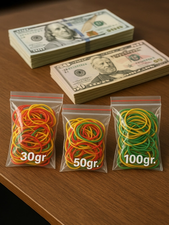 Pul va boshqa ofis hamda ish yuritish buyumlari uchun kauchuk rezinalar 30, 50, 100 gram