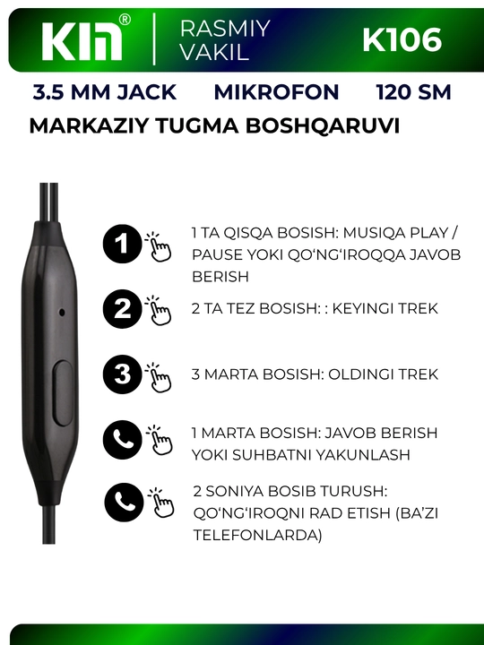 Проводные наушники KIN K106 3.5мм, 10мм динамик, 32 Ом стерео гарнитура