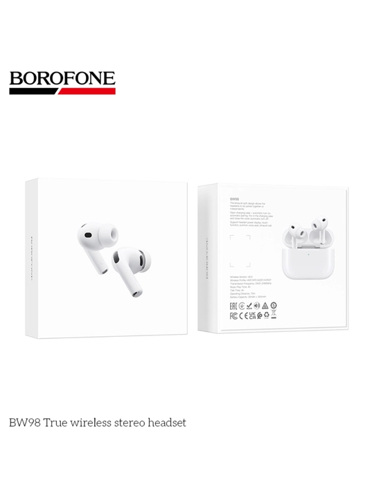 Pro 3 Borofone BW98 TWS mikrofonli Bluetooth simsiz eshitish vositasi, oq