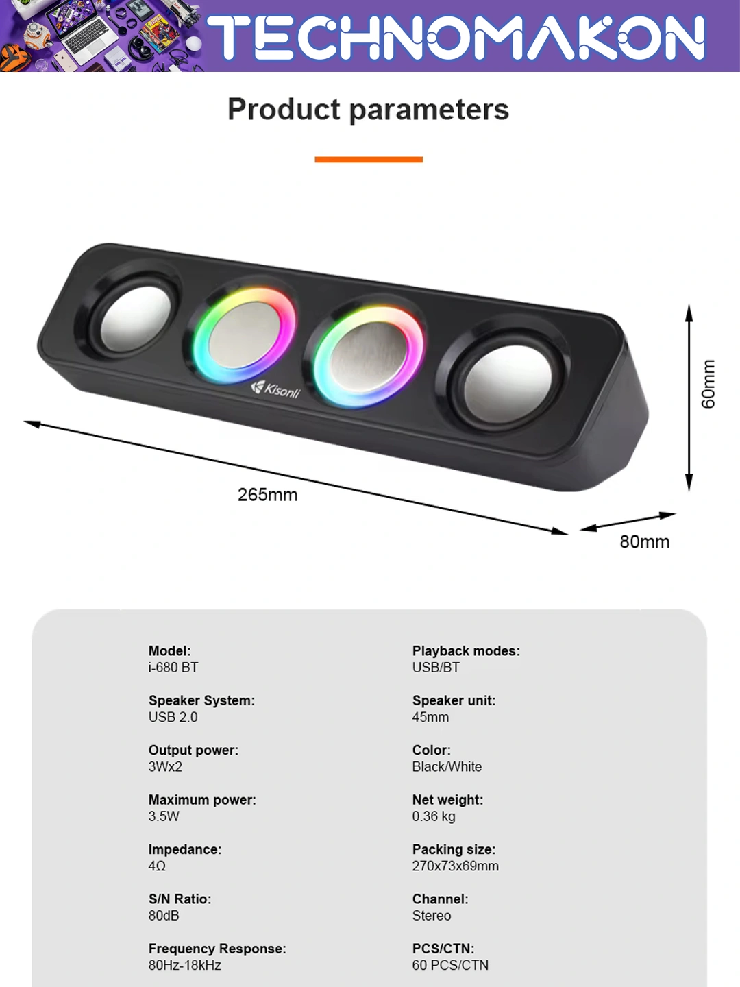 Компьютерные колонки Kisonli i-680BT, Bluetooth, AUX, 2x3W ...