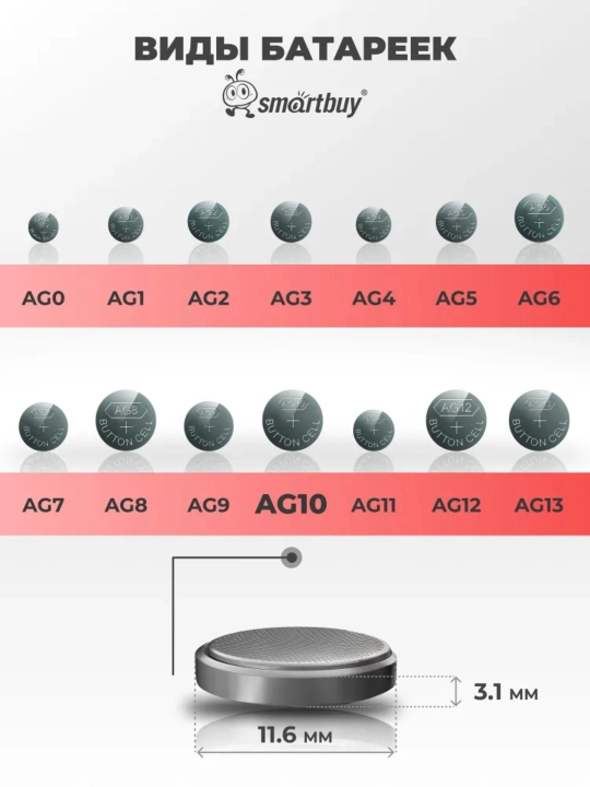 Alkalin batareyalar AG1 / AG4 / AG10 / AG13, 2 dona, 10 dona