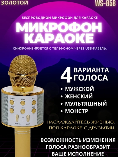 Караоке микрофон для детей, беспроводной с Bluetooth, WS-858, колонка с микрофоном