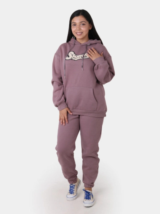Ayollar sport kostyumi: hudi va jogger shimlar, iliq flis, liloviy