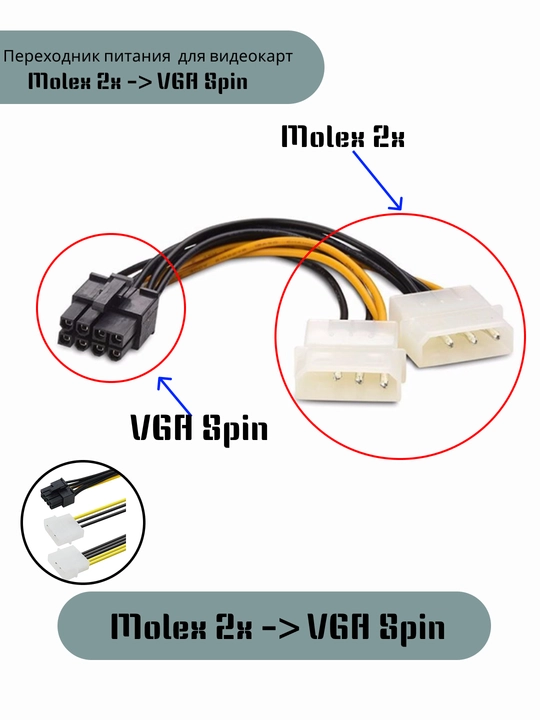 Molex 2x -> VGA 8 pinli video karta quvvat adapteri - 