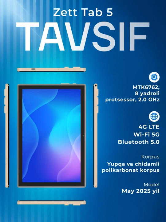 Planshet Zett Tab 5 10.1 inch IPS 4GB/64GB/ Android 13/ 1 SIM/ IMEI ro'yxatdan o'tgan