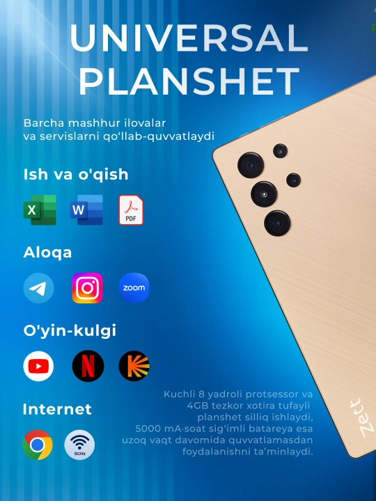 Planshet Zett Tab 5 10.1 inch IPS 4GB/64GB/ Android 13/ 1 SIM/ IMEI ro'yxatdan o'tgan