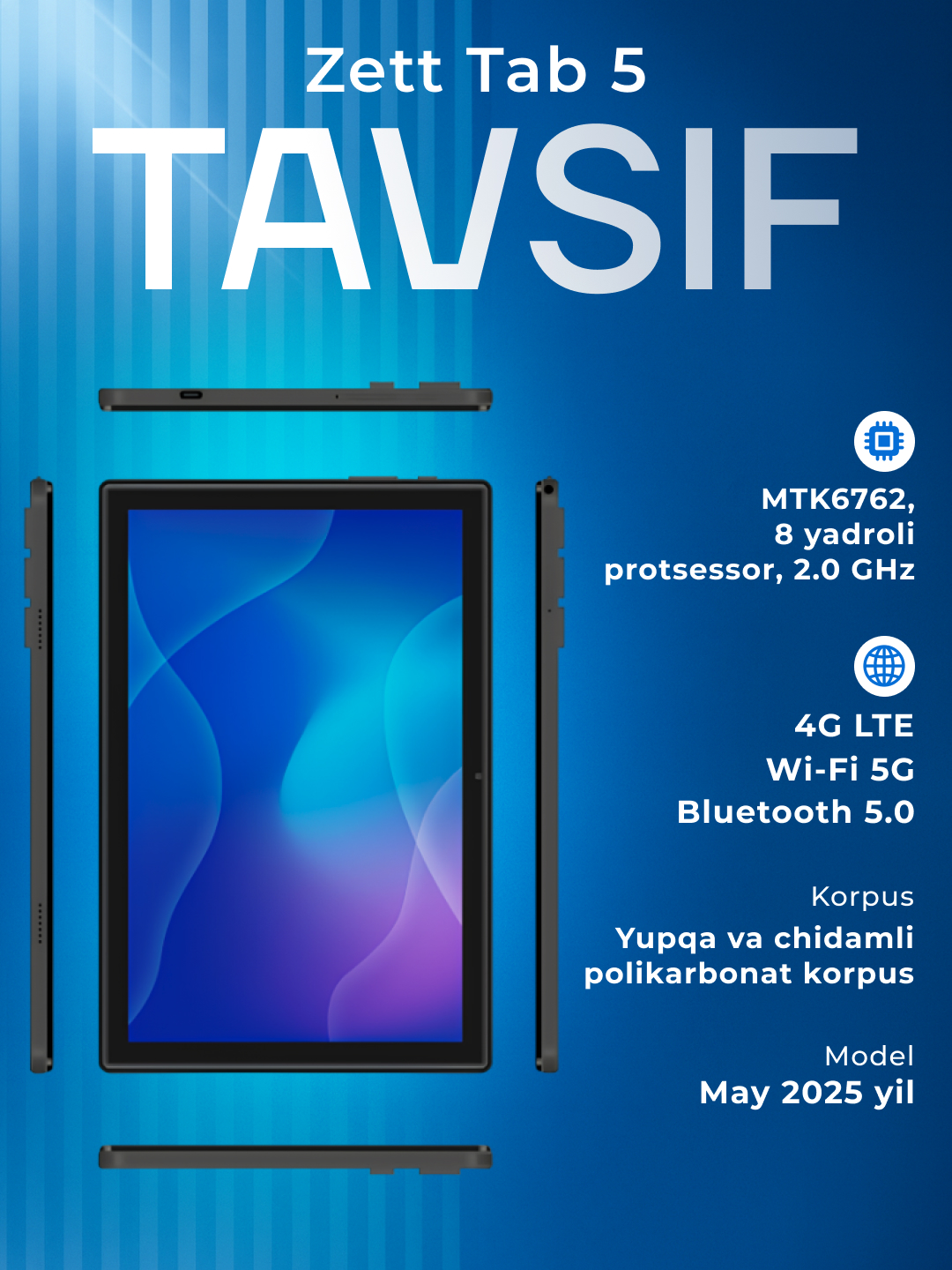 Planshet Zett Tab 5 10.1 inch IPS 4GB/64GB/ Android 13/ 1 SIM/ IMEI ro'yxatdan o'tgan
