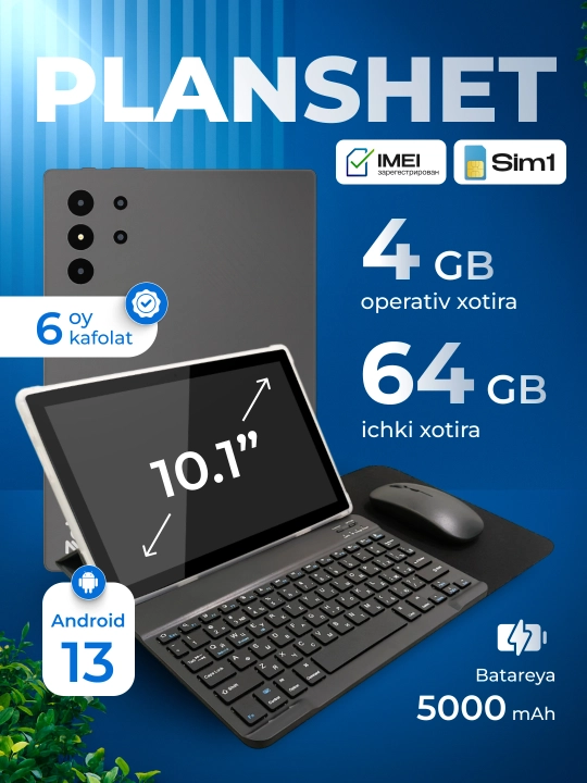 Planshet Zett Tab 5 10.1 inch IPS 4GB/64GB/ Android 13/ 1 SIM/ IMEI ro'yxatdan o'tgan