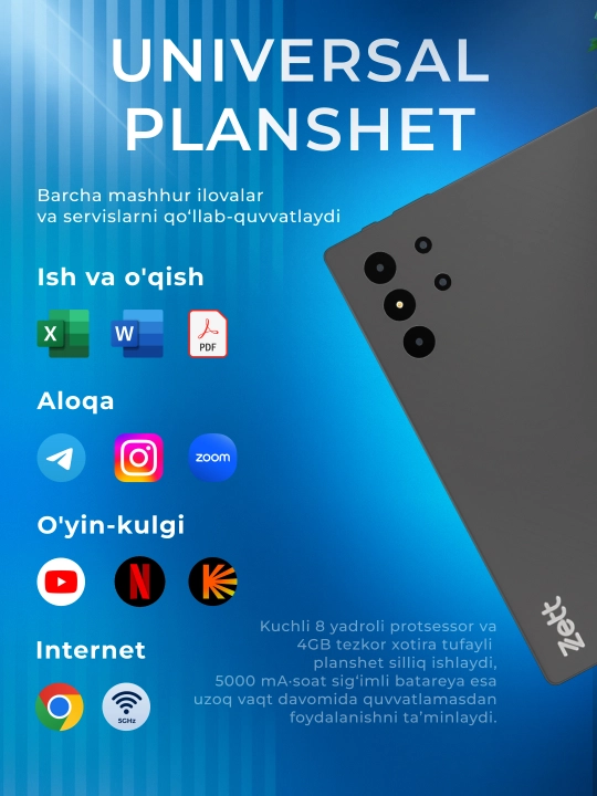 Planshet Zett Tab 5 10.1 inch IPS 4GB/64GB/ Android 13/ 1 SIM/ IMEI ro'yxatdan o'tgan