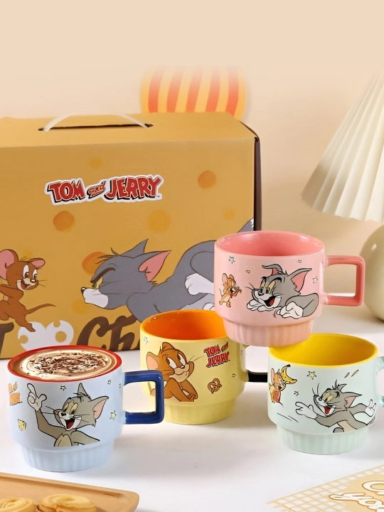 Tom and Jerry sopol krujkalari to‘plami, 4 dona, sovg‘a o‘ramida