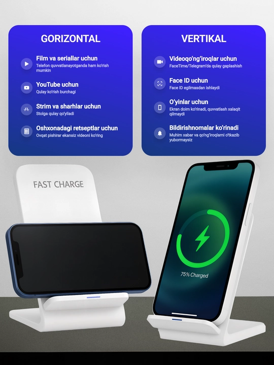 IPhone va Android uchun telefon qo‘ygichli simsiz quvvatlagich