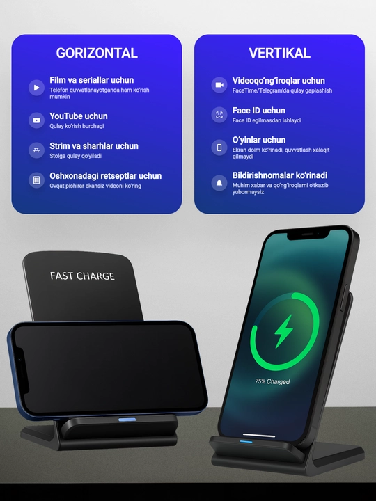 IPhone va Android uchun telefon qo‘ygichli simsiz quvvatlagich