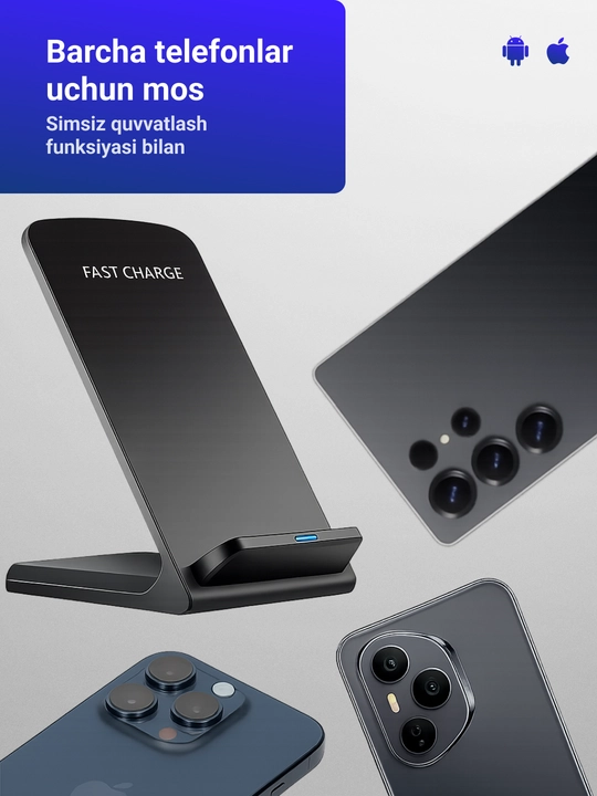 IPhone va Android uchun telefon qo‘ygichli simsiz quvvatlagich