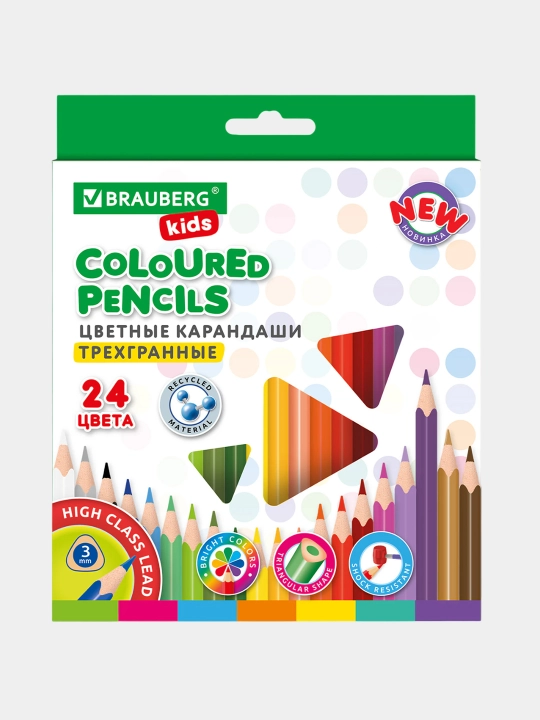Карандаши цветные BRAUBERG KIDS 24 цвета трёхгранные 182002 - 
