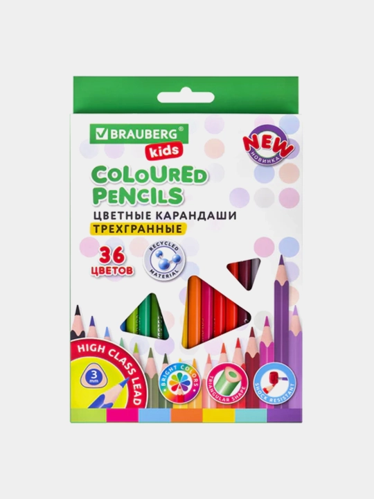 Карандаши цветные BRAUBERG KIDS, 36 цветов, трёхгранные, 182003 - 