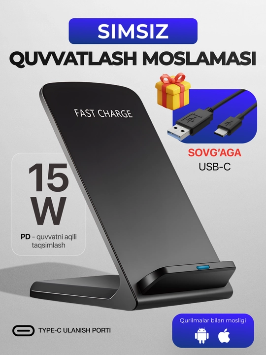 IPhone va Android uchun telefon qo‘ygichli simsiz quvvatlagich