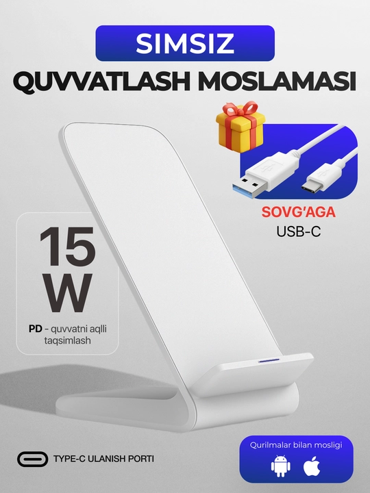 IPhone va Android uchun telefon qo‘ygichli simsiz quvvatlagich