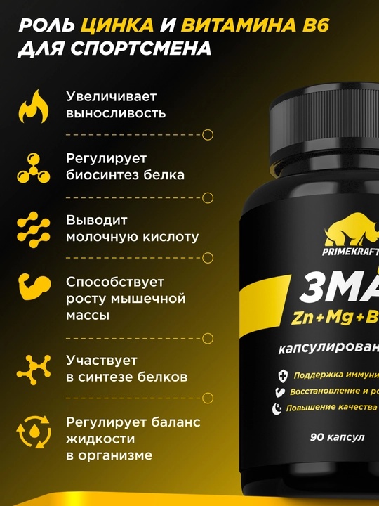 ZMA комплекс цинк магний витамин B6 PRIMEKRAFT для тестостерона и восстановления, ХАЛЯЛЬ