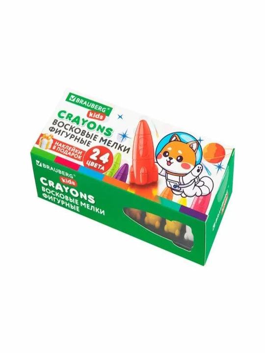Восковые мелки фигурные BRAUBERG KIDS, 24 цветов + наклейки в подарок, 273083 - 