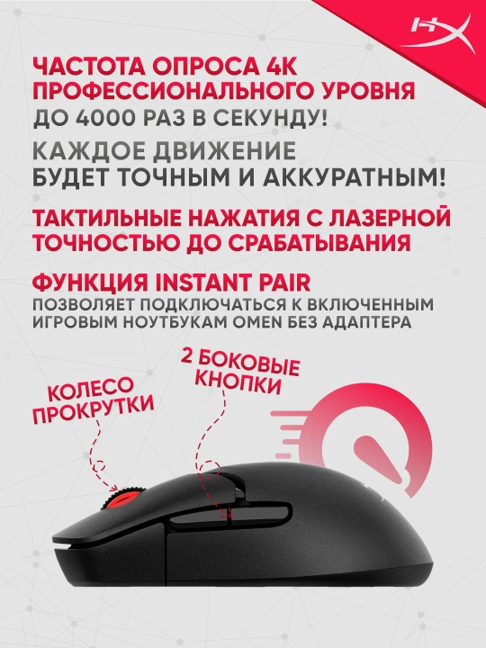 HyperX Pulsefire Saga Pro o‘yin simsiz sichqonchasi, 90 soatgacha ishlash, 4K, 6 ta tugma