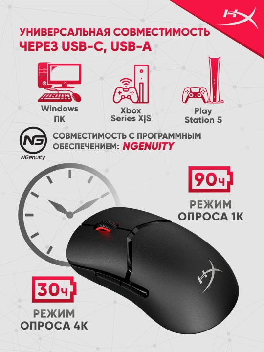 HyperX Pulsefire Saga Pro o‘yin simsiz sichqonchasi, 90 soatgacha ishlash, 4K, 6 ta tugma