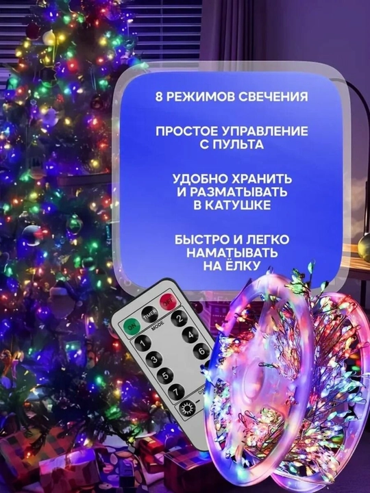 Гирлянда на ёлку светодиодная роса мишура, 30 м, новогодняя зеленый белый провод, 8 режимов