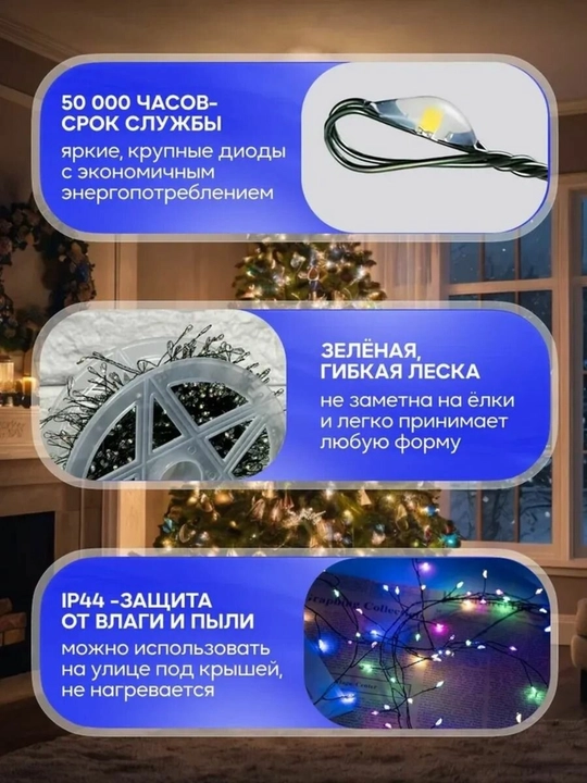 Гирлянда на ёлку светодиодная роса мишура, 30 м, новогодняя зеленый белый провод, 8 режимов