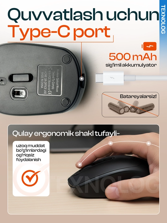 Barcha qurilmalar uchun ergonomik Bluetooth/2.4Ghz simsiz sichqoncha, qayta quvvatlanadi