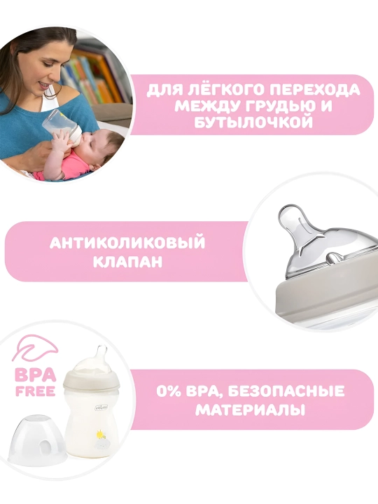 Бутылочка пластиковая средний поток Chicco Natural Feeling 2м+, 250 мл