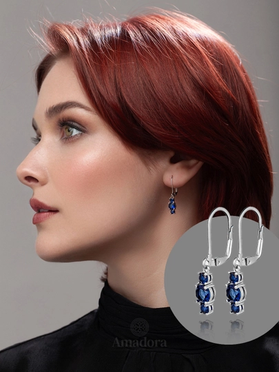 Серьги женские - бижутерия Amadora, сережки с английским замком в 3 цветах — AMADORA-ER005-СИНИЙ