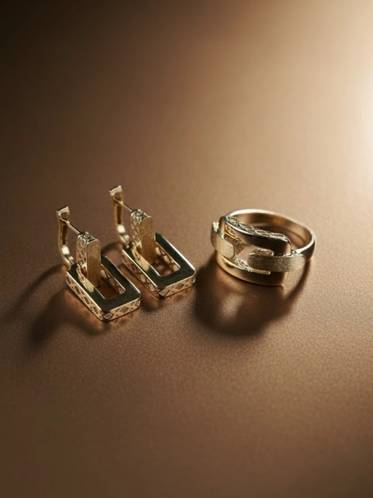 Золотое кольцо и серги комплект, 8.19 г, модель M26K, золото 585 пробы, MERRIT GOLD
