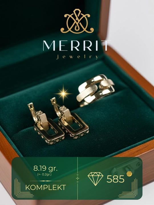 Золотое кольцо и серги комплект, 8.19 г, модель M26K, золото 585 пробы, MERRIT GOLD - 