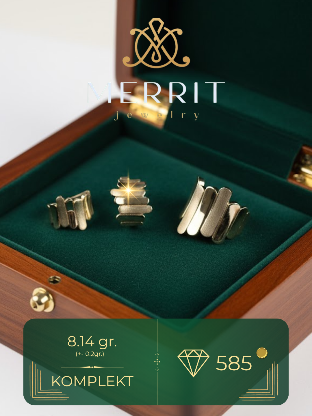 Золотое кольцо и серги комплект, 8.14 г, модель M27K, золото 585 пробы, MERRIT GOLD - 