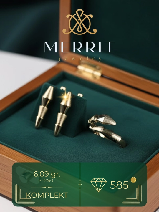 Золотое кольцо и серги комплект, 6.09 г, модель M30K, золото 585 пробы, MERRIT GOLD - 