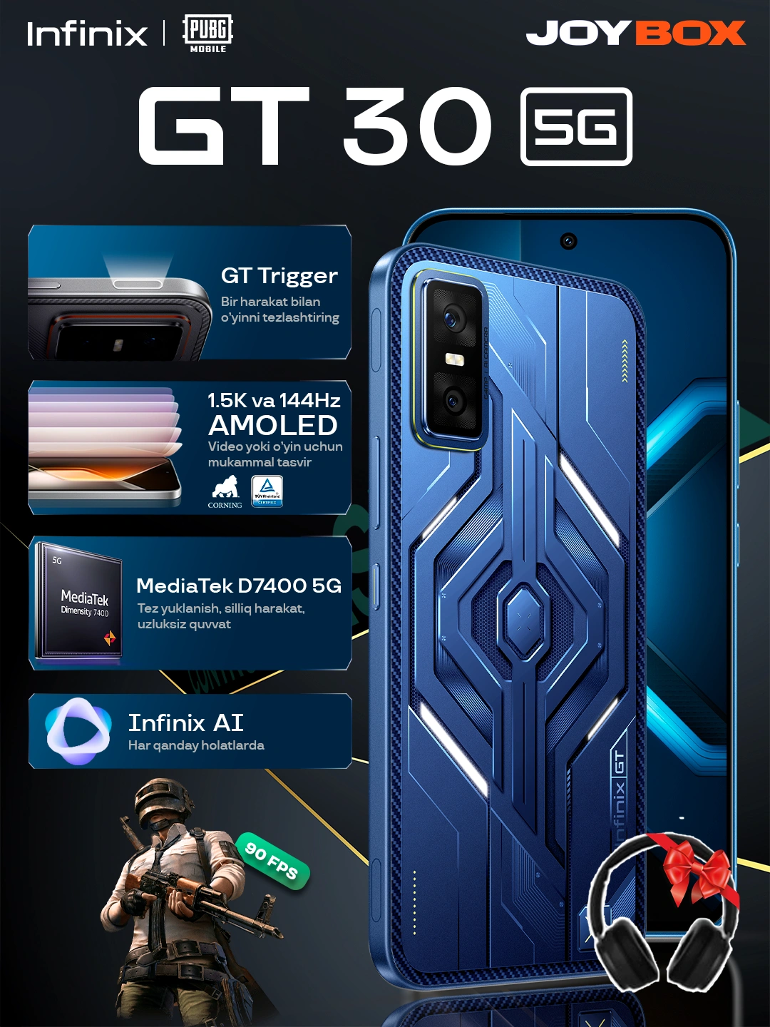 Игровой смартфон Infinix GT 30 5G, 144Hz AMOLED, Dimensity 7400,  5500mAh 45w + подарок за 3749000 сум по лучшей цене. Uzum Market