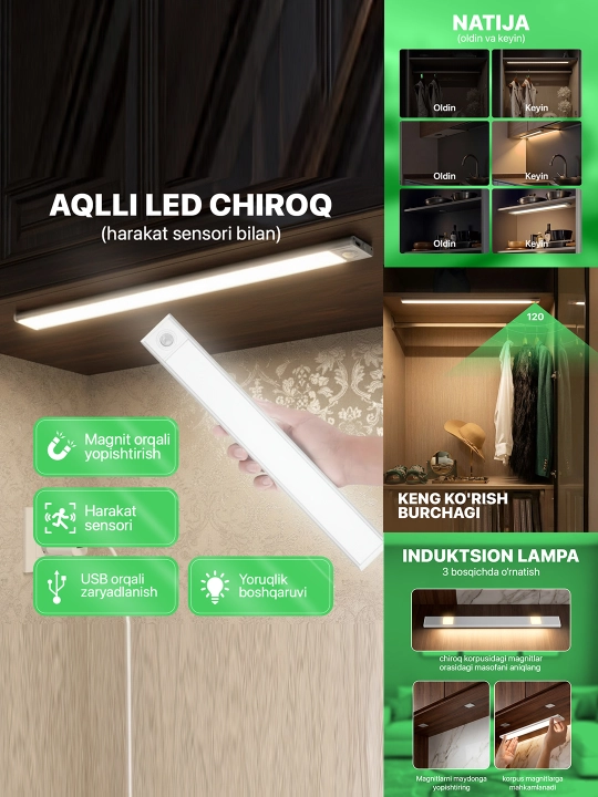 Akkumulyatorli LED chiroqlar ESS, harakat sensori va magnit bilan