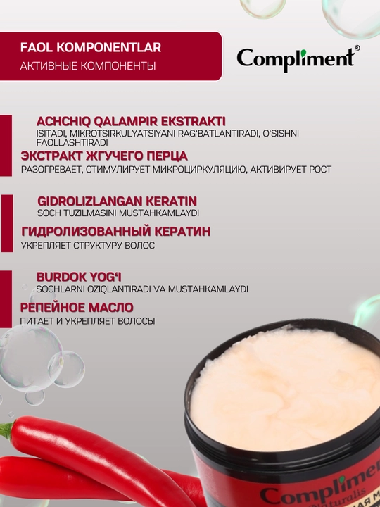 Soch o‘sishi uchun niqob, isituvchi, to'kilishga qarshi Compliment Naturalis, 500 ml