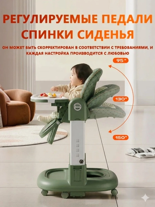 Детский стульчик для кормления 3 в 1 с регулируемой высотой и удобным дышащим сиденьем