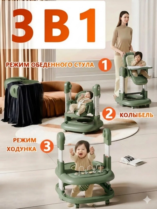 Детский стульчик для кормления 3 в 1 с регулируемой высотой и удобным дышащим сиденьем