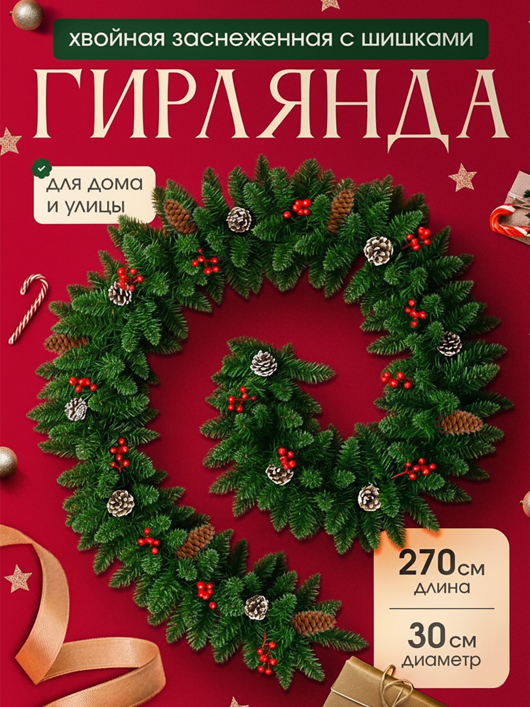 Еловая хвойная гирлянда, новогодняя, декоративное украшение на дверь, стену - 
