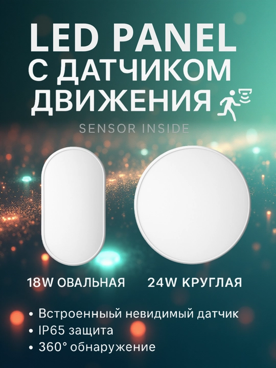 LED, панель, 18W/24W с датчиком движения, IP65, 6500K, высокая чувствительность, ELIPS-MS